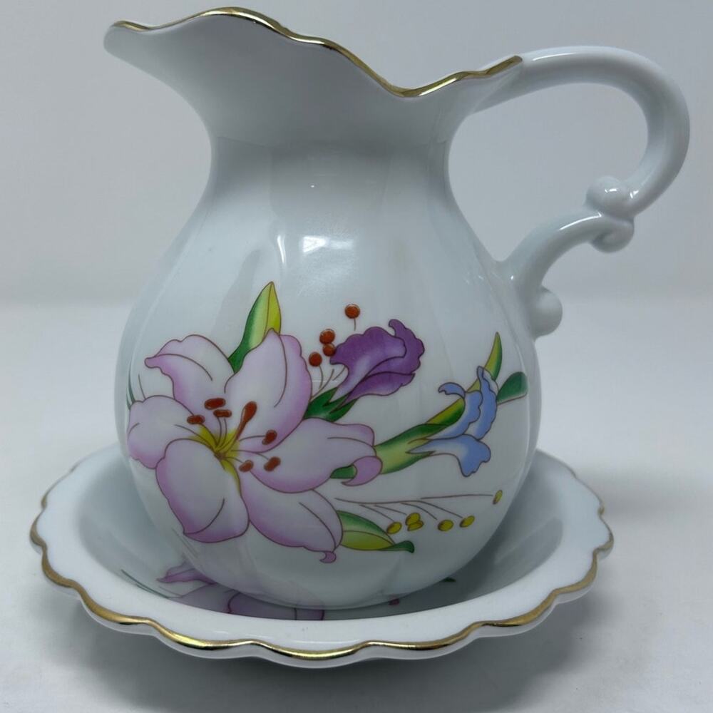 White Porcelain Pink Lily Floral Pitcher and‎ Plate